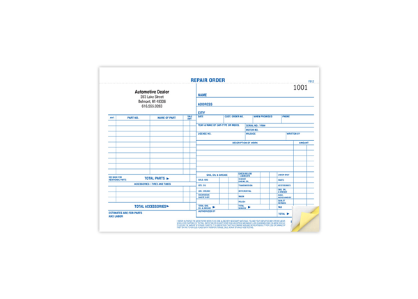 8-1/2" X 5-3/4" Carbonless Snap Set Garage Repair Order, 3 Part