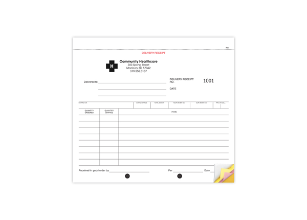 8-1/2" X 7" Carbonless Snap Set Delivery Receipt, 4 Part