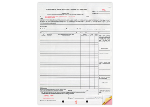 8-1/2" X 11" Carbonless Snap Set Bill Of Lading, 3 Part