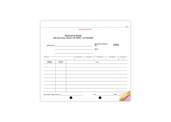 8-1/2" X 7" Carbonless Snap Set Delivery Receipt, 3 Part