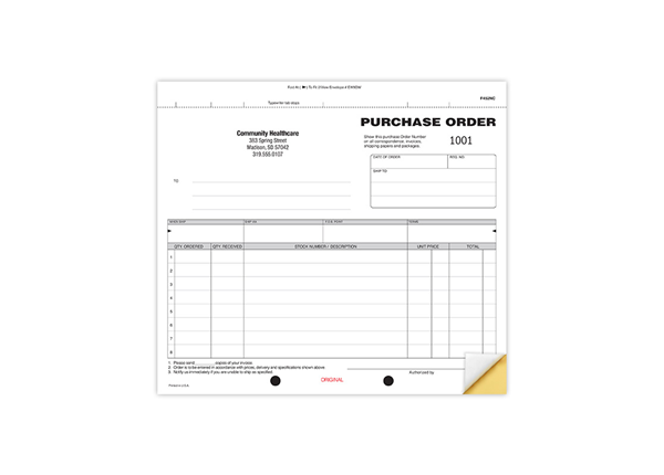 8-1/2" X 7" Carbonless Snap Set Purchase Order, 2 Part