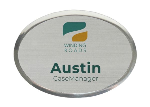 Full Color Metallic Name Badge || Custom Badges || Silver, 2 3/4" x 2", Oval