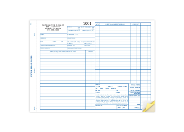 11" X 8-1/2" Carbonless Snap Set Garage Repair Order, 3 Part