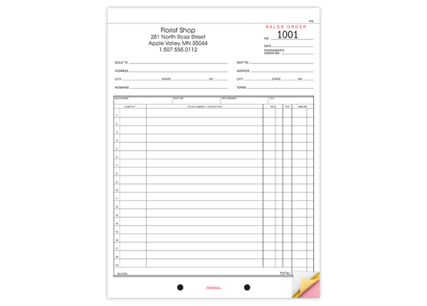 8-1/2" X 11" Carbonless Snap Set Sales Order, 3 Part