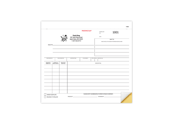 8-1/2" X 7" Carbonless Snap Set Packing List, 2 Part